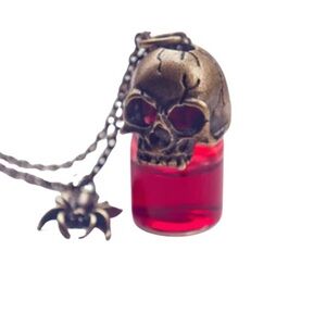 Skull Blood Vial Pendant Necklace with Spider on Chain NIB